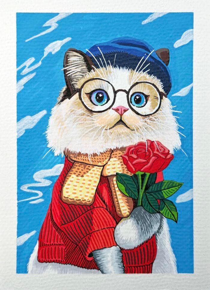 Hình tranh vẽ con mèo mang dáng vẻ điềm tĩnh