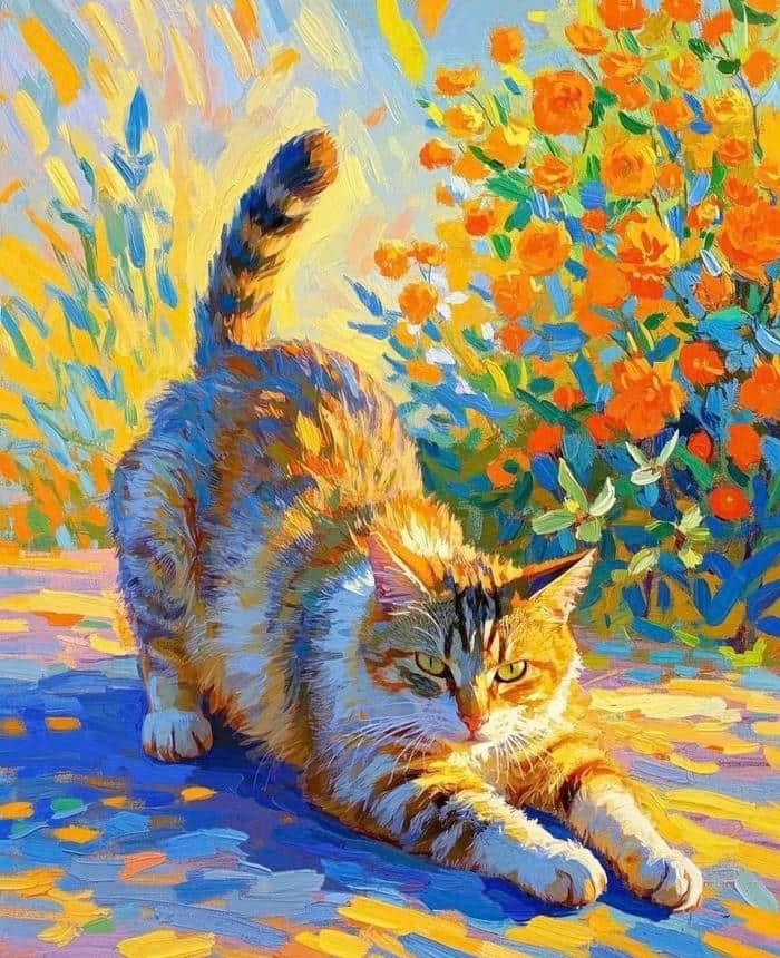 Hình tranh vẽ con mèo thể hiện sự tập trung vào thế giới xung quanh