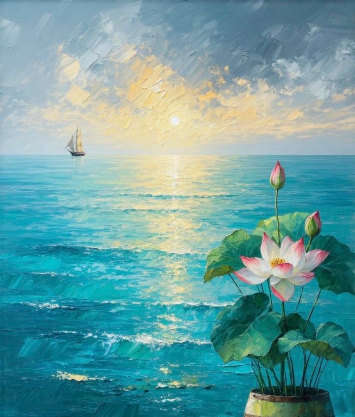 Hình tranh vẽ hoa sen gợi cảm xúc sâu lắng