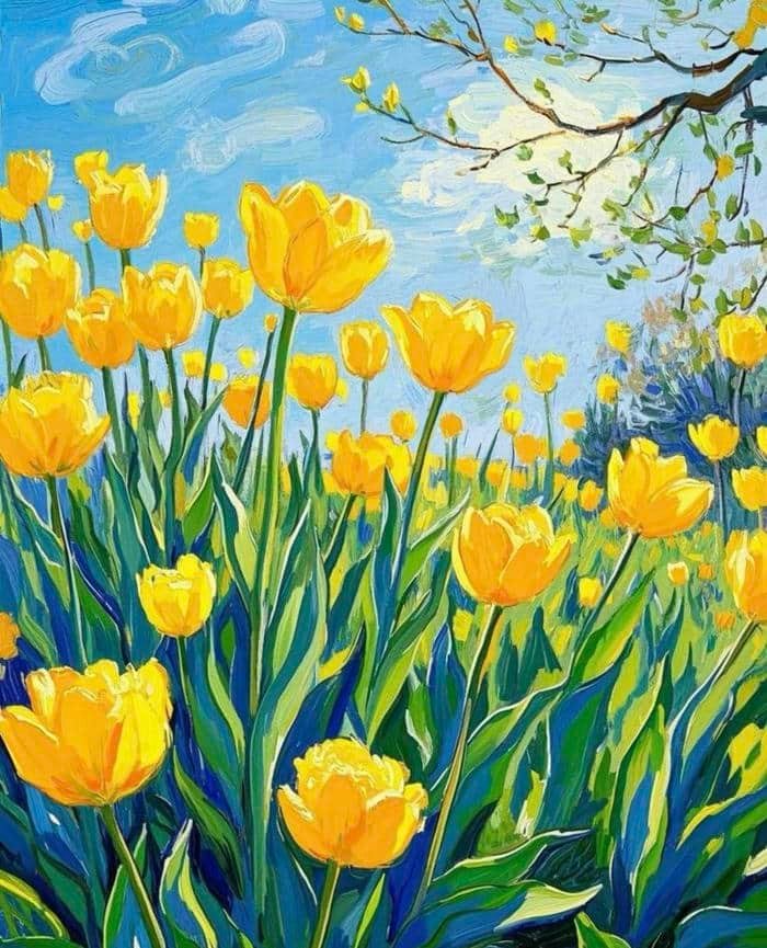 Hình tranh vẽ hoa tulip thể hiện sự nhẹ nhàng tinh tế