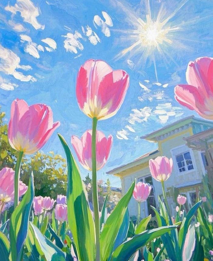 Hình tranh vẽ hoa tulip truyền tải nét đẹp dịu dàng