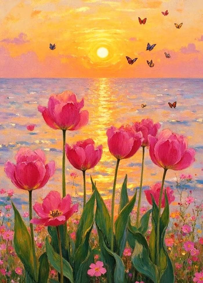 Hình tranh vẽ hoa tulip với đường nét uyển chuyển mềm mại