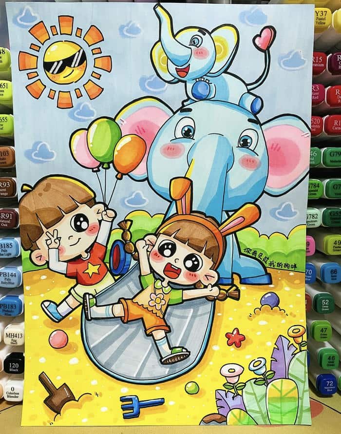 Tranh vẽ con các bạn nhỏ chơi cùng voi