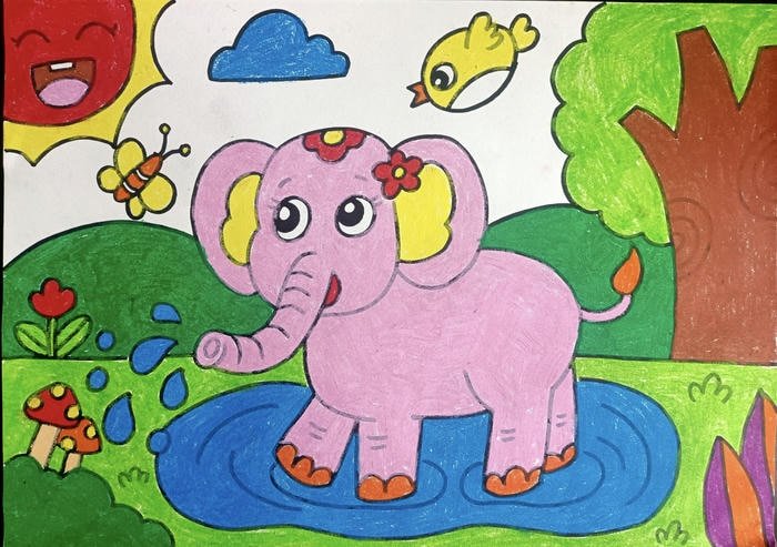 Tranh vẽ con voi trong rừng xanh