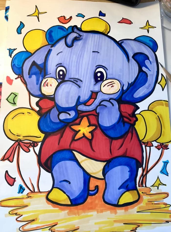 Tranh vẽ con voi xanh cực yêu