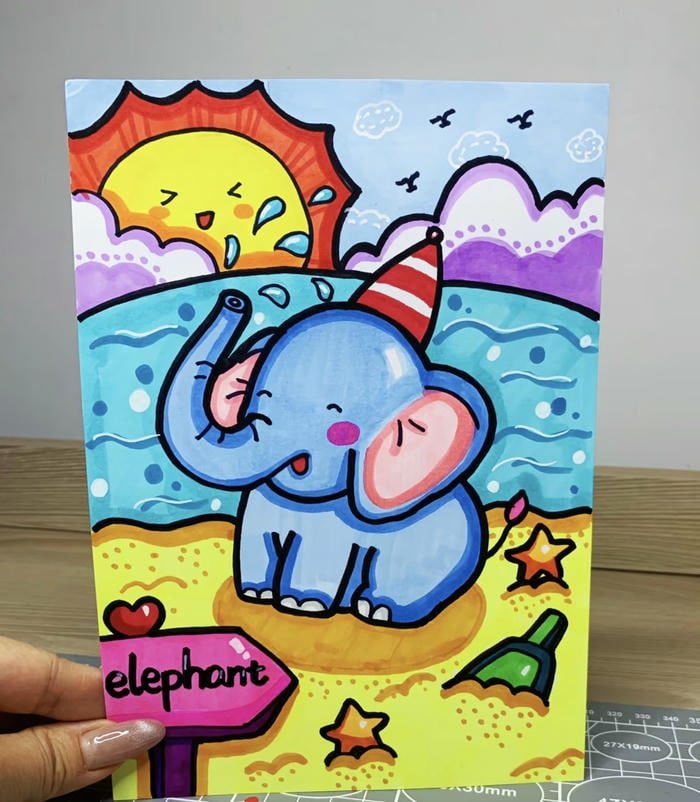 Vẽ tranh con voi đang tắm biển