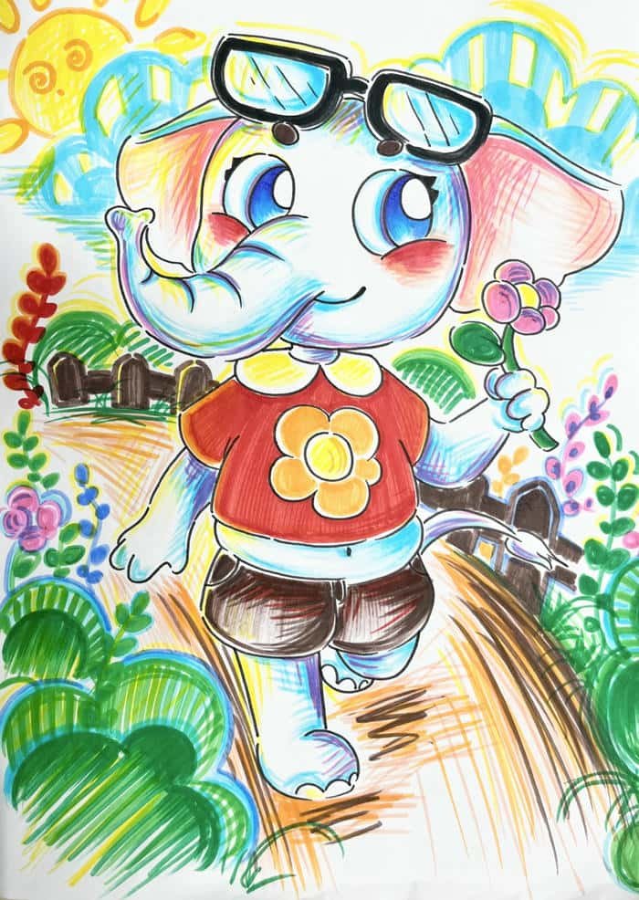 Vẽ tranh con voi đi hái hoa