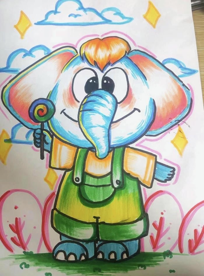 Vẽ tranh con voi phong cách cute mắt to