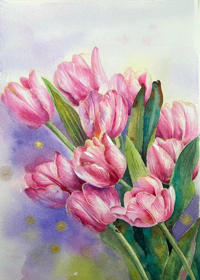 bức hình tranh vẽ hoa tulip mang cảm giác bình yên