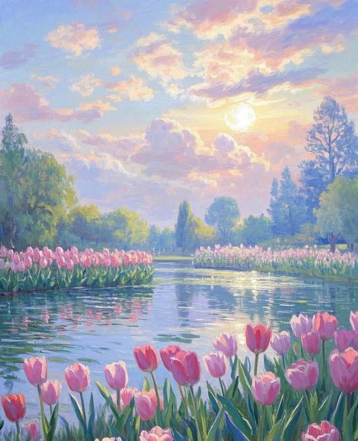 bức hình tranh vẽ hoa tulip thể hiện chiều sâu nghệ thuật