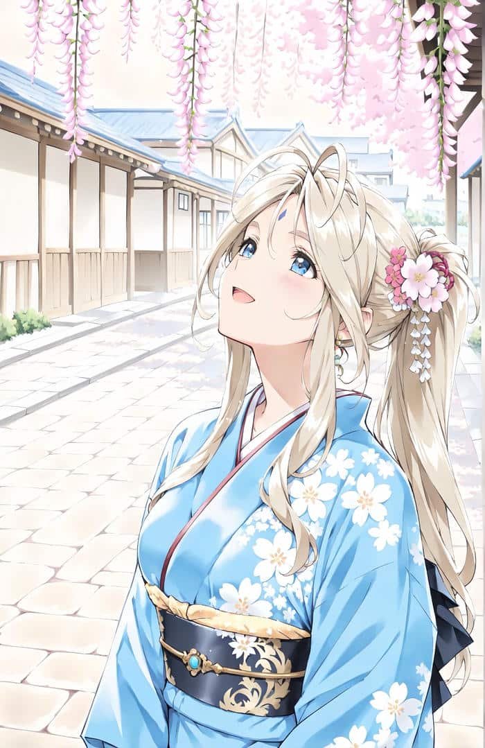hình ảnh anime nữ mặc kimono phong cách nhẹ nhàng