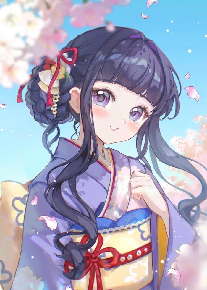 hình ảnh anime nữ mặc kimono tóc tím đặc biệt bay trong gió