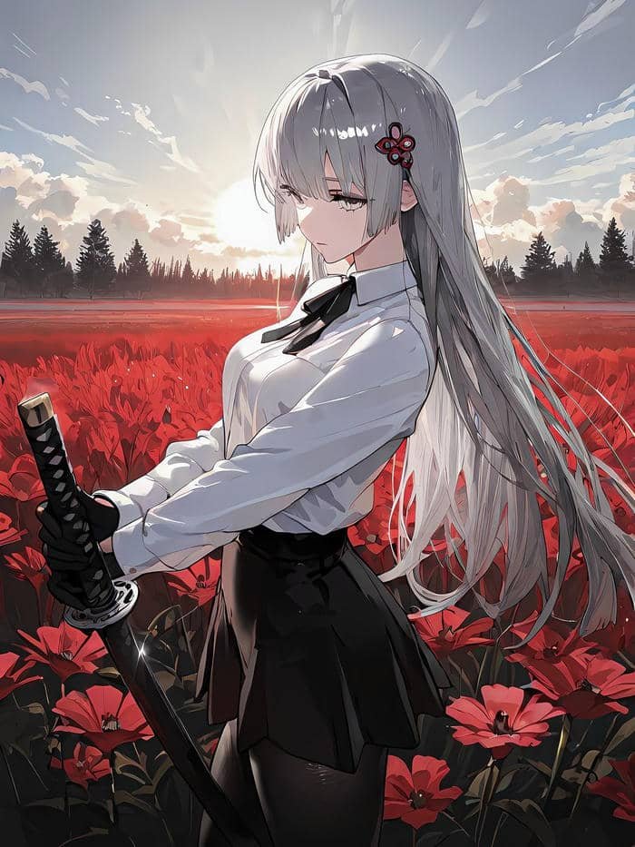 Ảnh anime nữ cầm kiếm ánh mắt đầy quyết tâm.