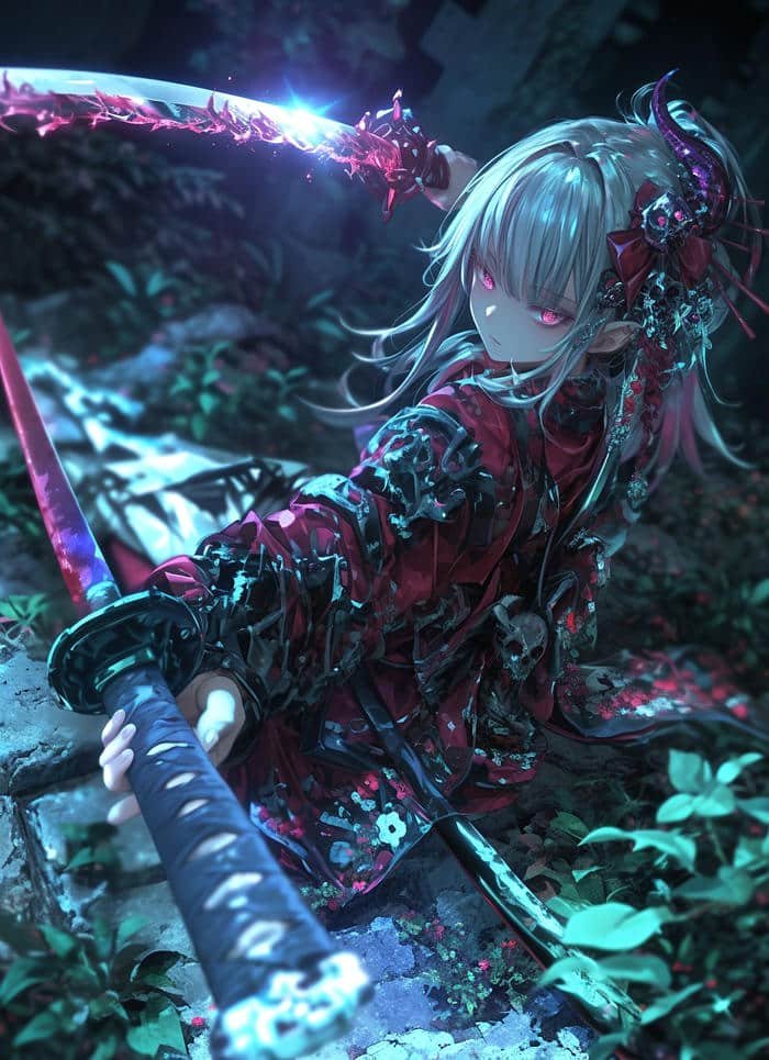 Ảnh anime nữ cầm kiếm đứng giữa rừng sâu.