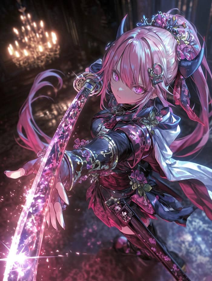 Ảnh anime nữ cầm kiếm dưới bầu trời u ám.