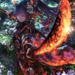 Ảnh anime nữ cầm kiếm giữa hoàng hôn đỏ rực.