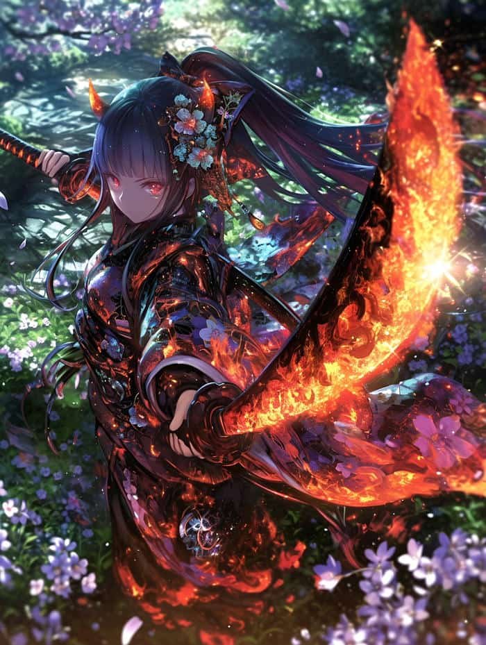 Ảnh anime nữ cầm kiếm giữa hoàng hôn đỏ rực.