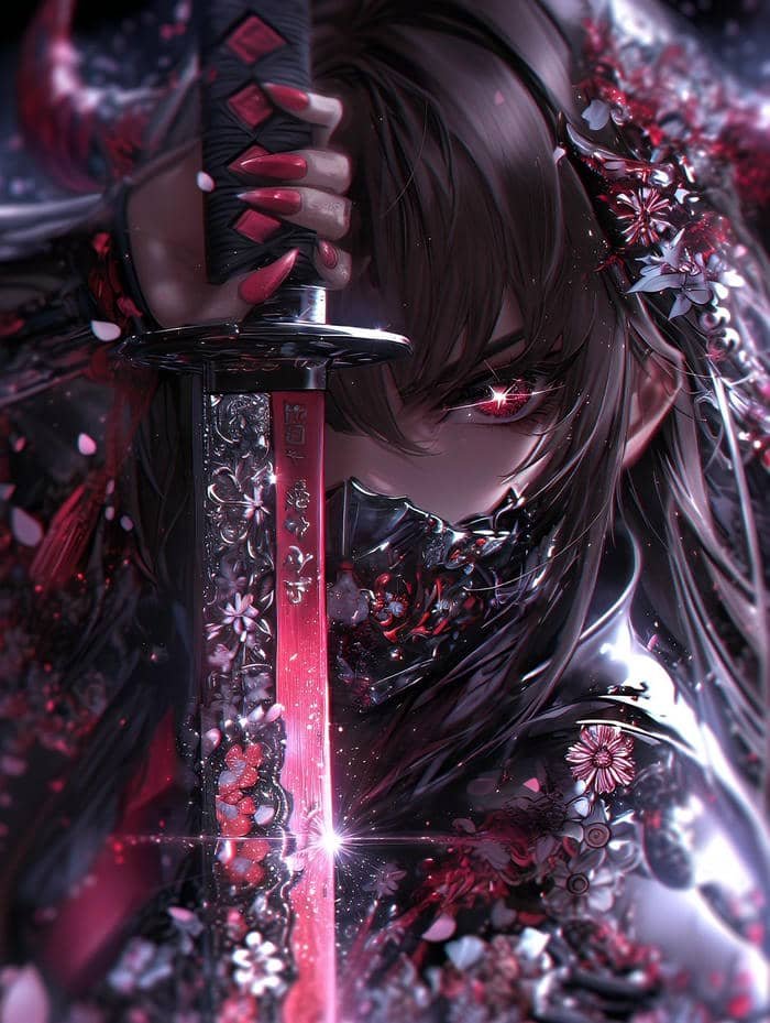 Ảnh anime nữ cầm kiếm phong cách samurai cổ điển