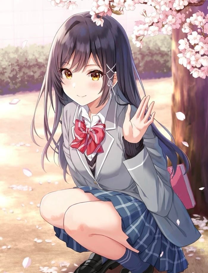 Ảnh anime nữ học sinh giữa sân trường yên bình