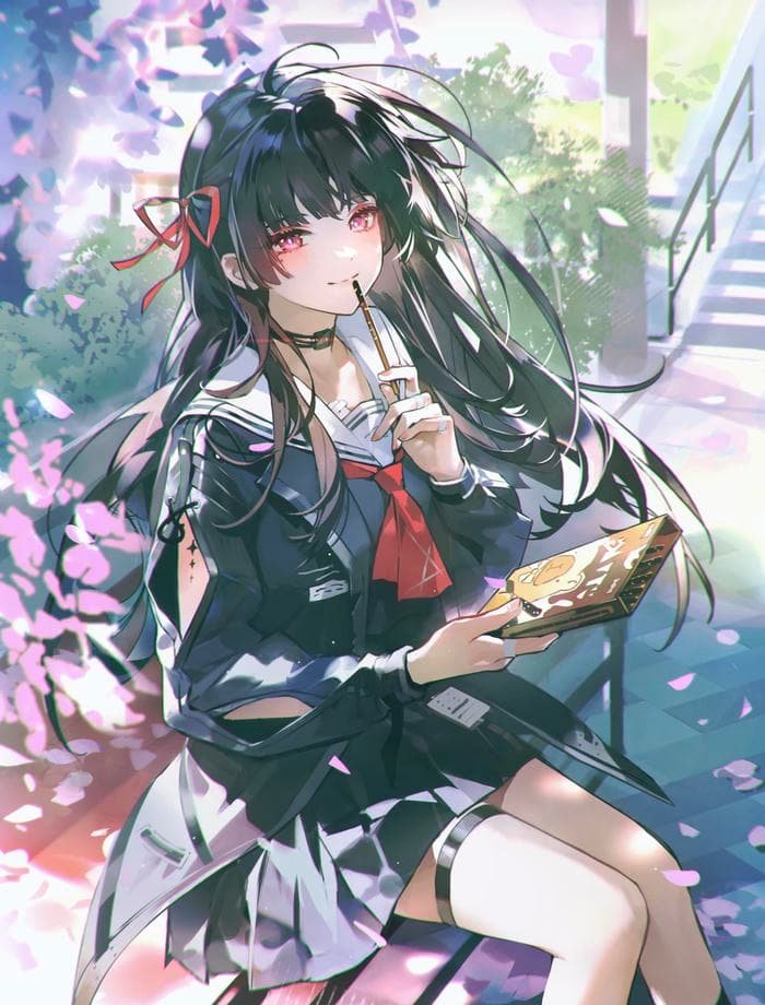 Ảnh anime nữ học sinh mái tóc bay nhẹ ngoài sân