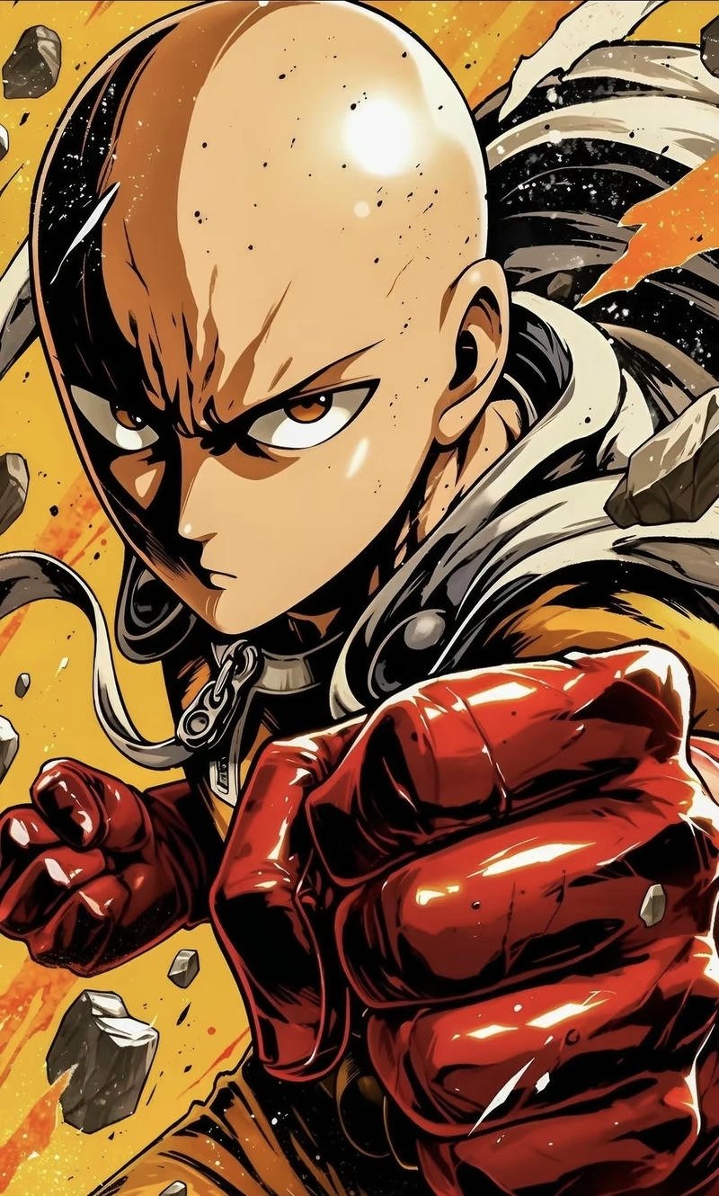 Anh hùng đầu trọc khoác áo choàng vàng trong ảnh Saitama