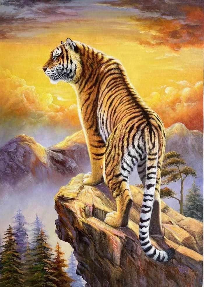 Ảnh tranh vẽ con hổ khung cảnh thiên nhiên hùng vĩ
