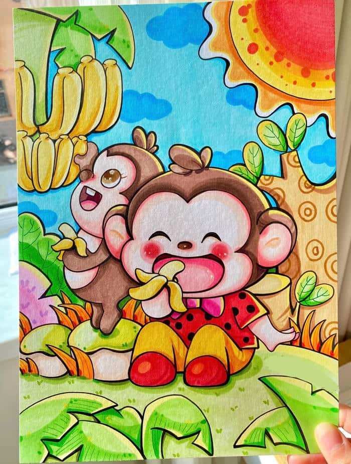 Ảnh tranh vẽ con khỉ gương mặt láu lỉnh