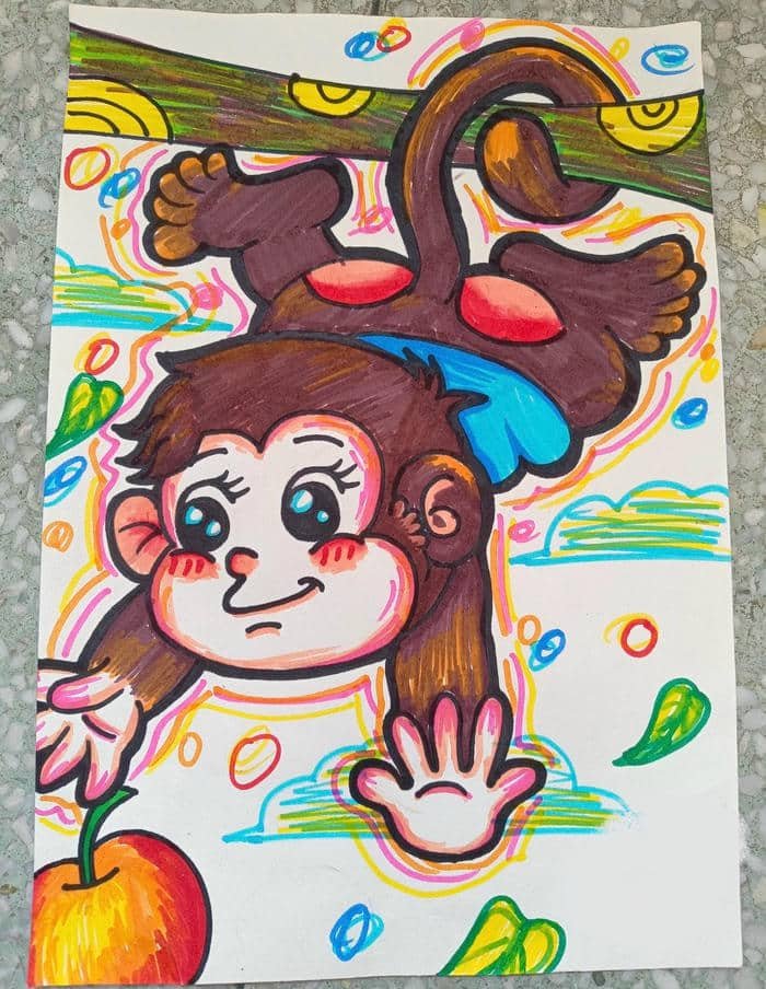 Ảnh tranh vẽ con khỉ khung nền nhiệt đới