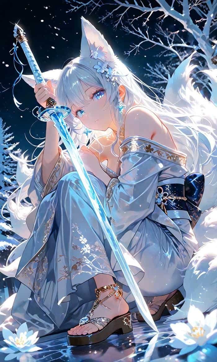 Bức ảnh anime nữ cầm kiếm ánh sáng ma thuật bao quanh