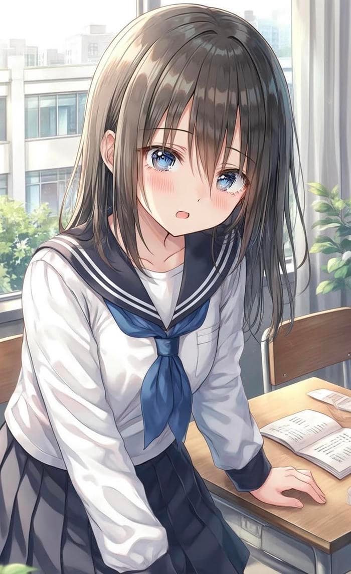 Bức ảnh anime nữ học sinh giữa lớp học sáng