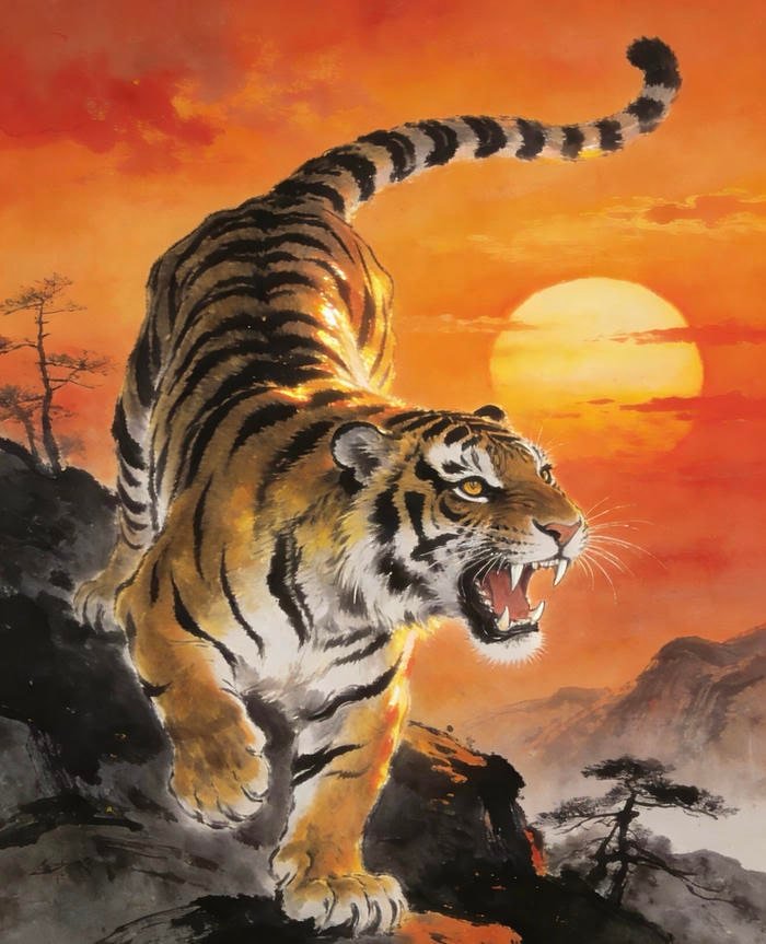 Bức ảnh tranh vẽ con hổ trên nền hoàng hôn