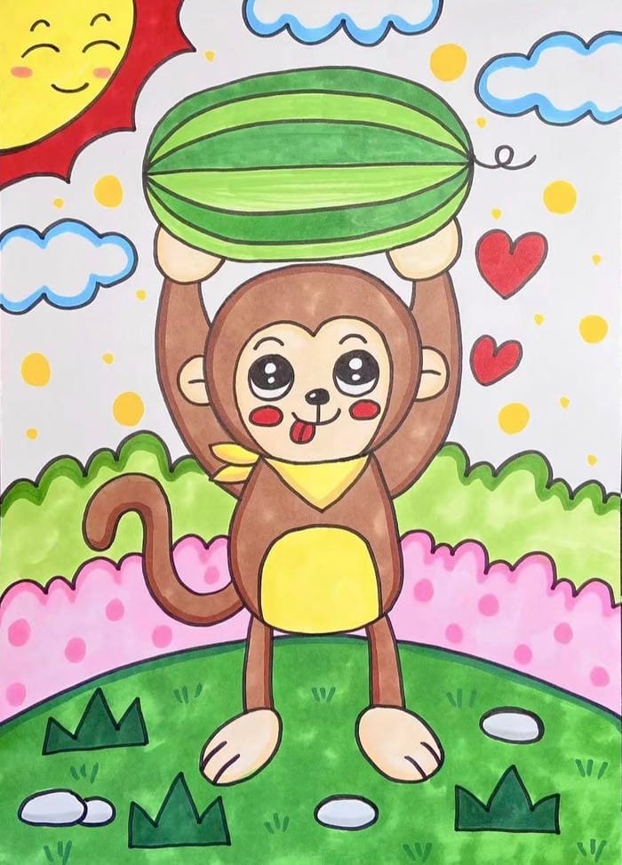 Bức ảnh tranh vẽ con khỉ bầu trời nhiệt đới