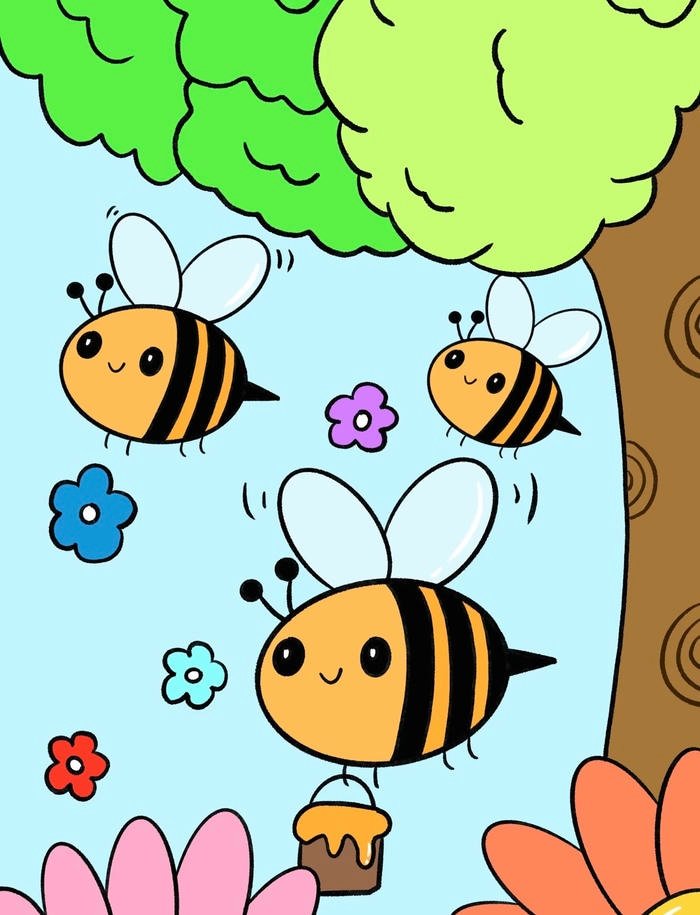 Bức ảnh tranh vẽ con ong nền xanh mát mắt