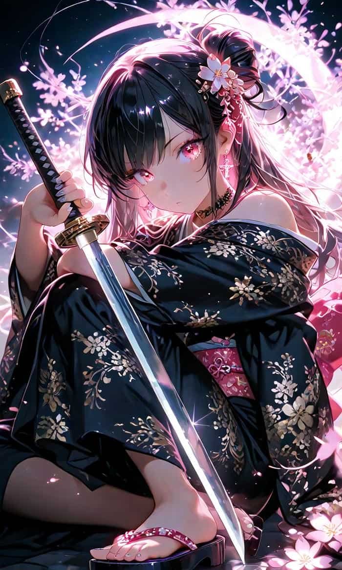 Bức hình anime nữ cầm kiếm trong không gian huyền ảo