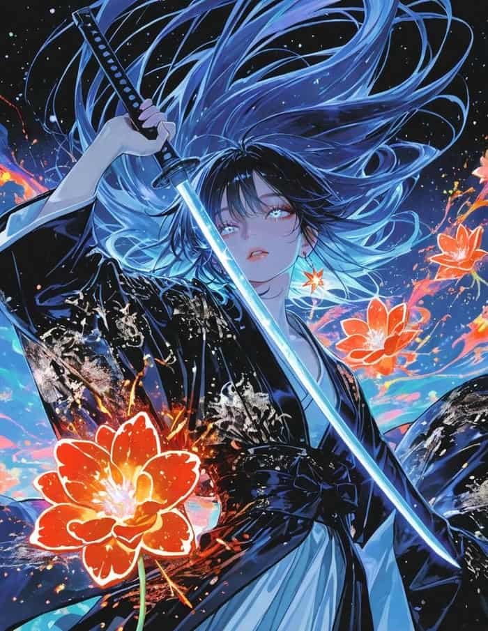 Bức hình anime nữ cầm kiếm với biểu cảm điềm tĩnh