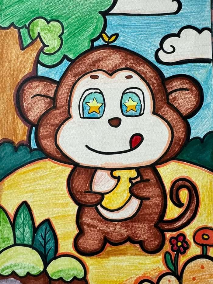 Bức hình tranh vẽ con khỉ biểu hiện tinh nghịch