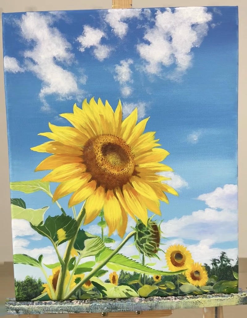 Bức tranh vẽ cánh đồng hoa hướng dương đầy sức sống