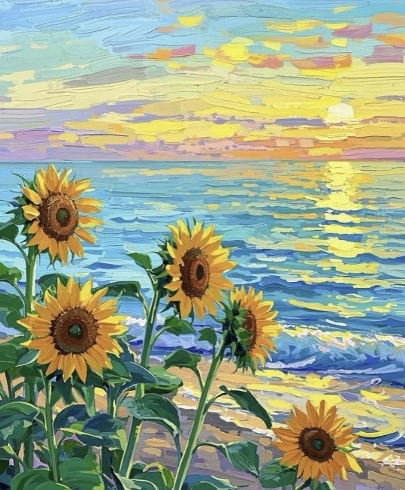 Bức tranh vẽ hoa hướng dương với nhụy tròn cuốn hút