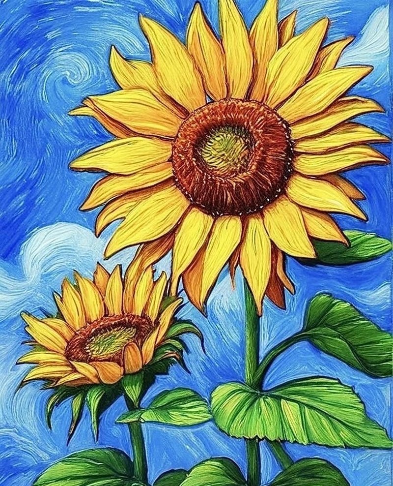 Bức tranh vẽ vườn hoa hướng dương đơn giản tươi sáng