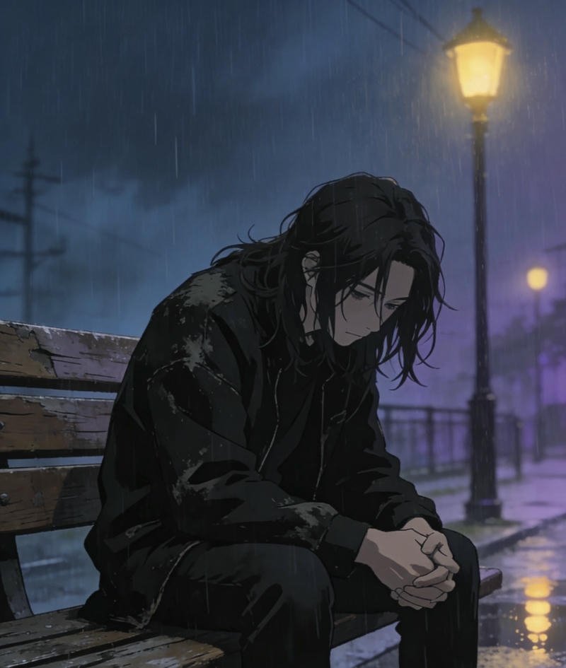 Chàng trai cúi đầu trong không gian buồn anime