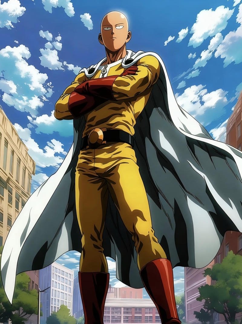 Chiếc áo choàng trắng nổi bật trong ảnh Saitama