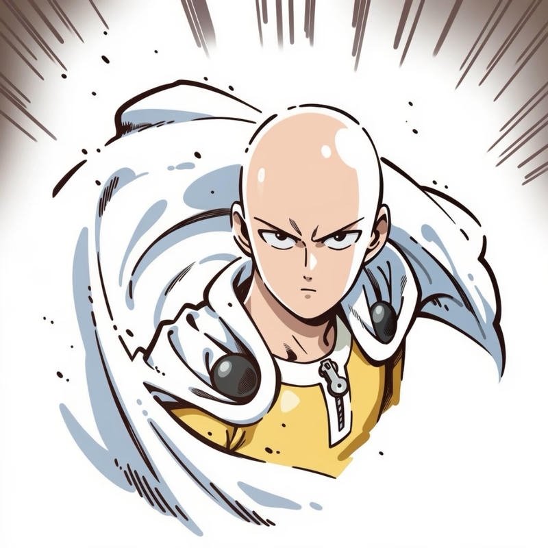 Chiếc áo choàng tung bay phía sau trong ảnh Saitama