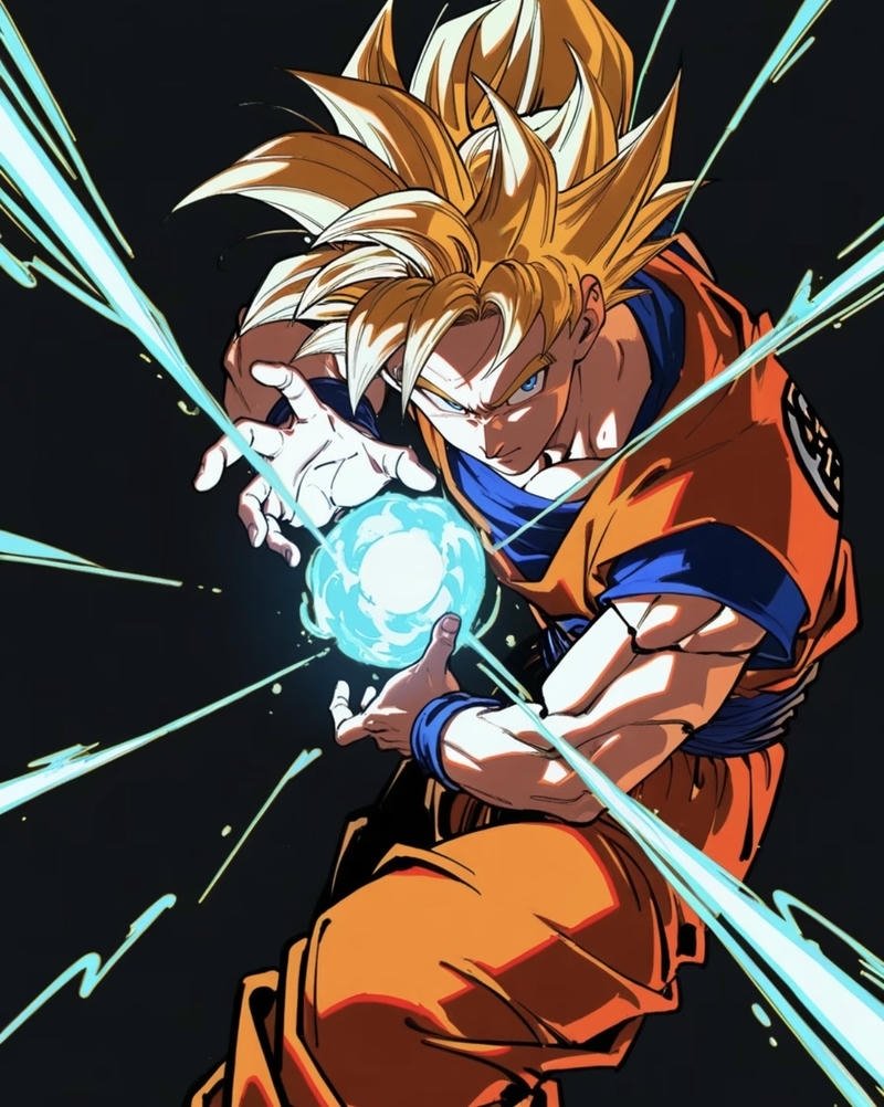 Hình SonGoku dồn sức tung chiêu Kamehameha sáng chói