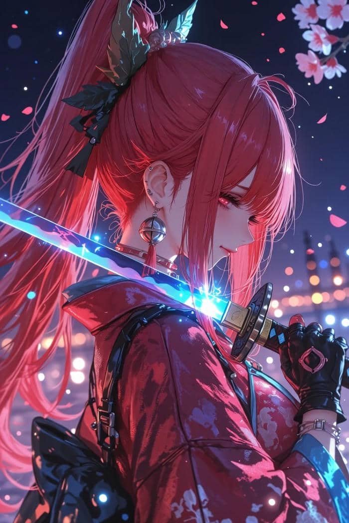 Hình ảnh anime nữ cầm kiếm ánh kiếm rực sáng