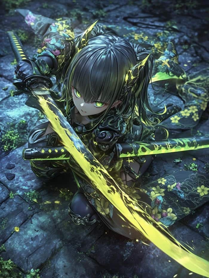 Hình ảnh anime nữ cầm kiếm đầy năng lượng bùng nổ