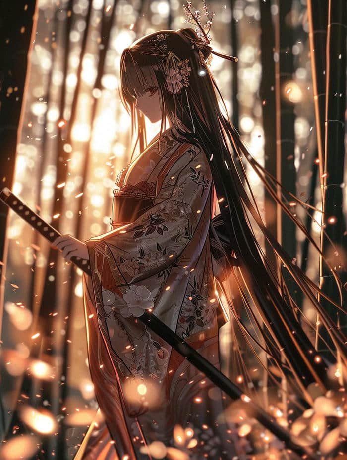 Hình ảnh anime nữ cầm kiếm giữa khu rừng rộng