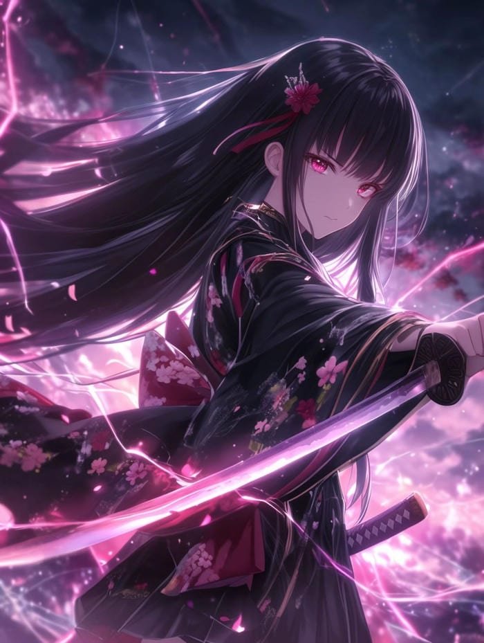 Hình ảnh anime nữ cầm kiếm giữa nền trời tím