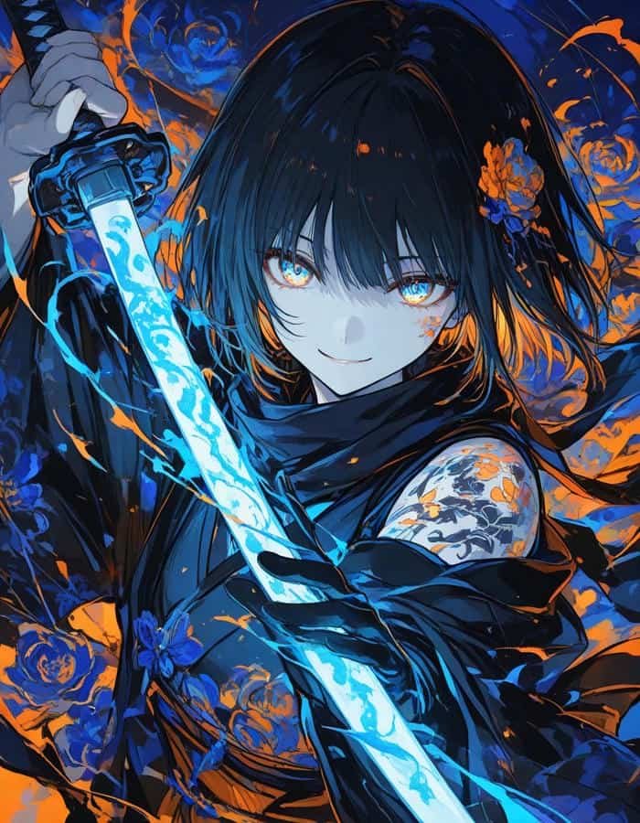Hình ảnh anime nữ cầm kiếm với ánh nhìn sắc lạnh