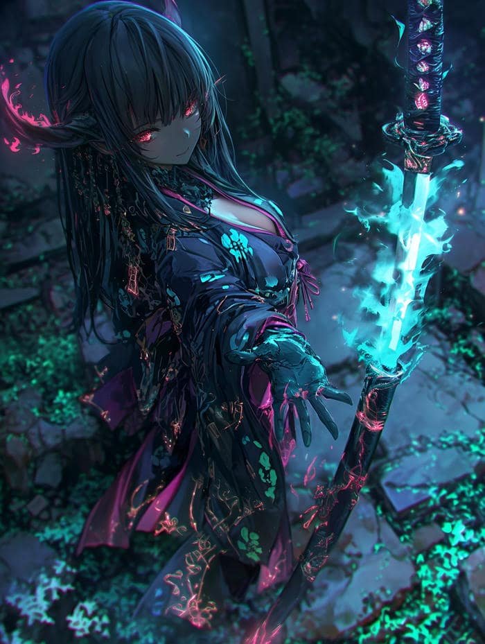 Hình ảnh anime nữ cầm kiếm với mái tóc bay