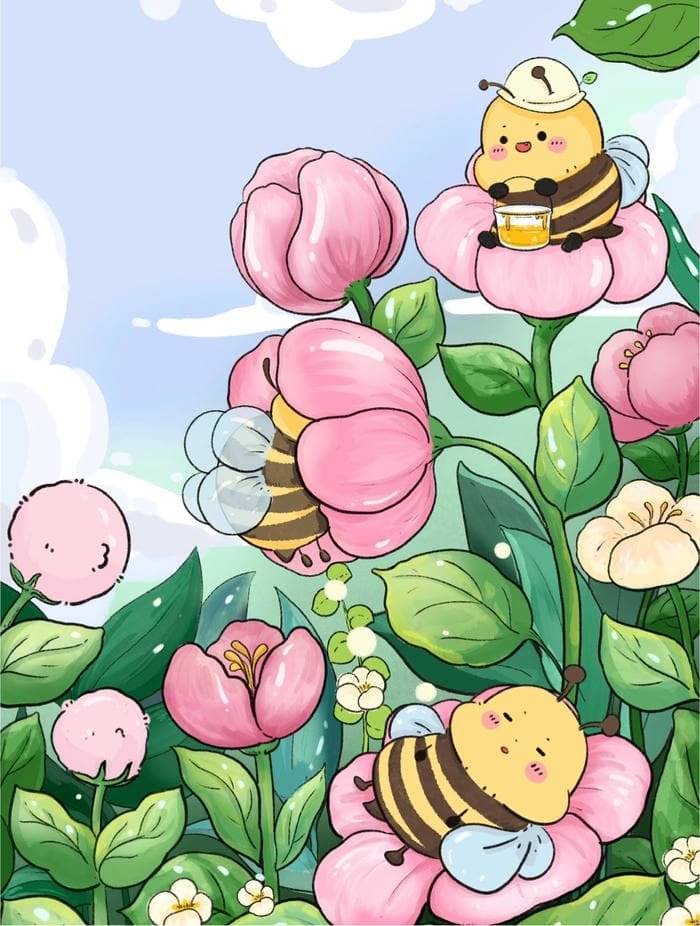 Hình ảnh tranh vẽ con ong đang đậu trên cánh hoa